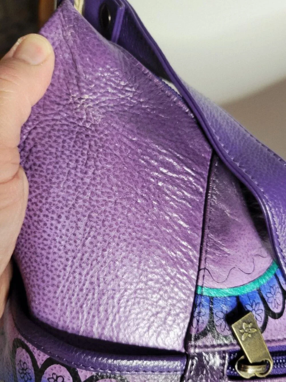 ANUSCHKA Painted Genuine Leather Purple Peonies Paisley Hobo Shoulder Bag EUC